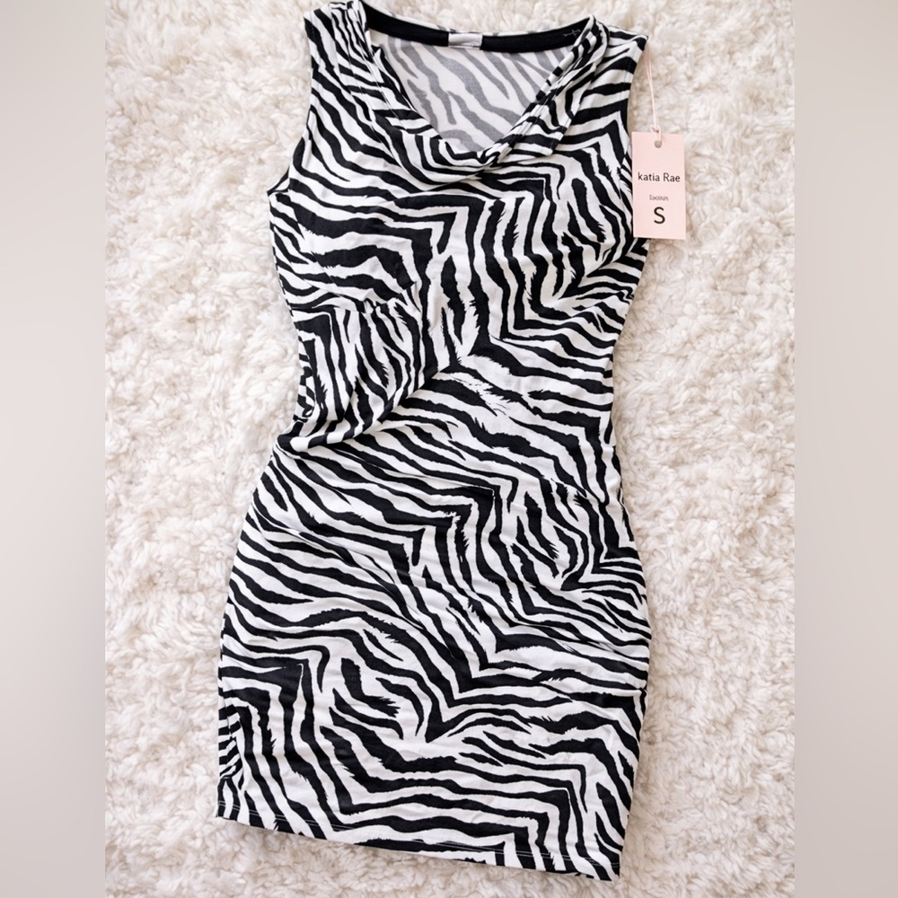 Katia Rae Zebra Print Bodycon Dress Small NWT Cowl Neck Mini Animal